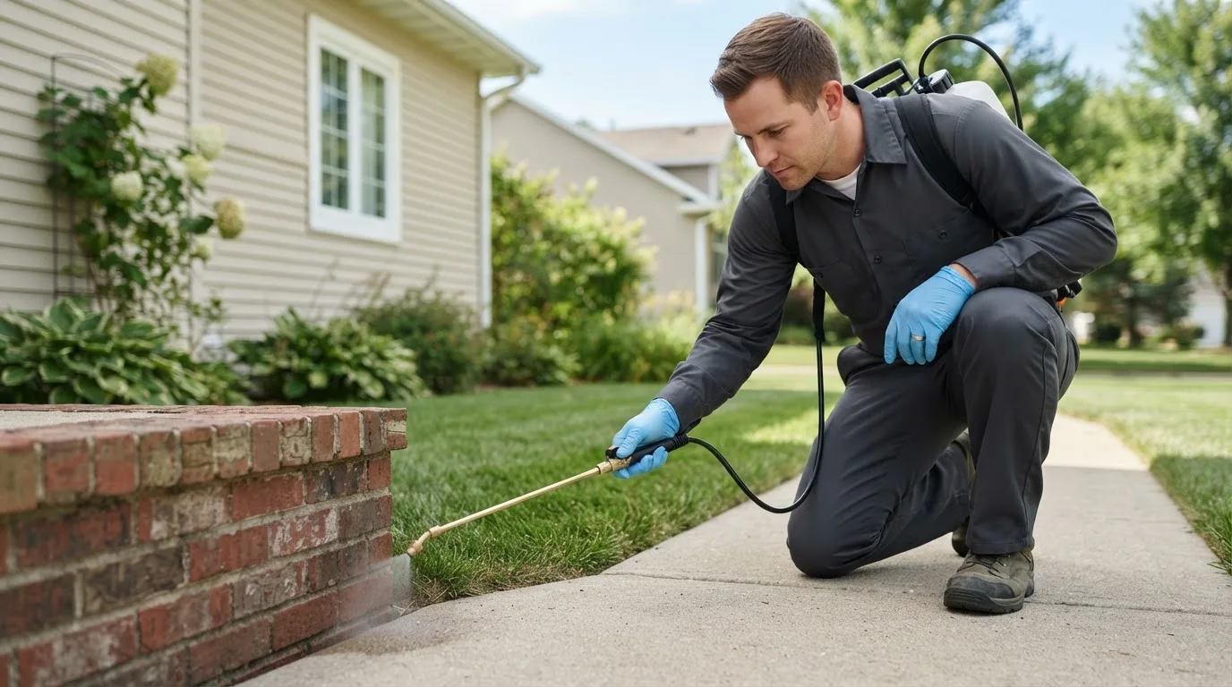Pest control technician treating a home near Wolfforth, TX