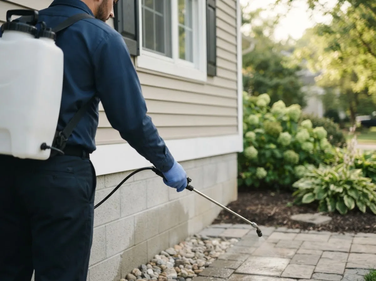 Pest control technician inspecting a home in Wolfforth, TX
